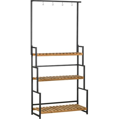 Porte-plante mural en bois 3 étagères avec barre et 4 crochets pour pots suspendus, 80 x 36 x 174 cm (1/5)