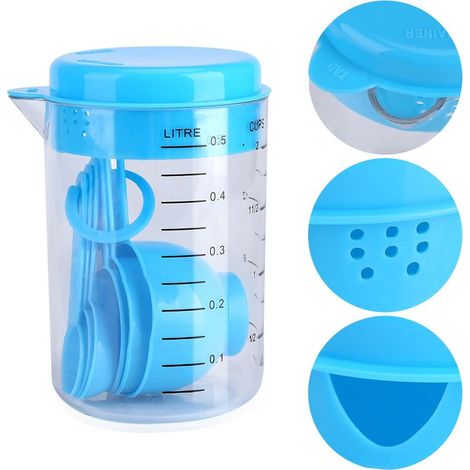 Lot de 7 tasses et cuillères doseuses en plastique bleu pour thé café cuisine