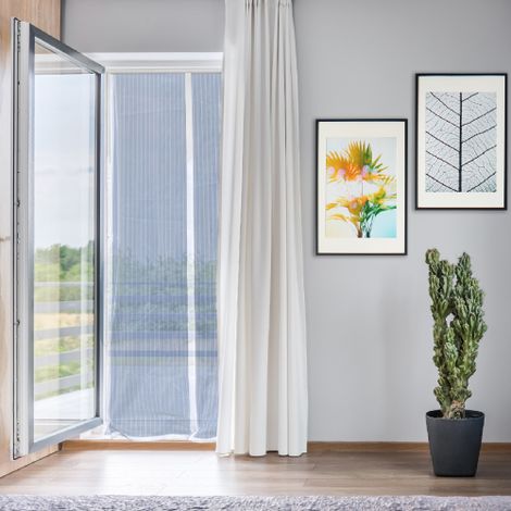 Moustiquaire magne'tique pour balcon Lusso en polyester inde'formable cm 140x240h avec bandes magne'tiques blanches a' fermeture automatique