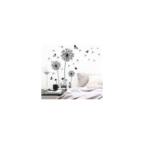 Stickers muraux FLEURS DE PISSENLIT noir (60x90cm) I papillon plantes branche arbre I autocollant sticker mural pour salon chambre cuisine salle de bains bureau adulte enfant-Crezuo