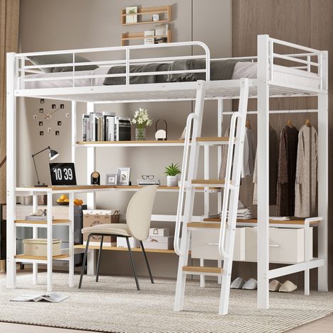 Lit mezzanine moderne métal et MDF blanc+naturel 90x200 cm avec bureau, étagère et 2 boîtes de rangement tissu (1/5)