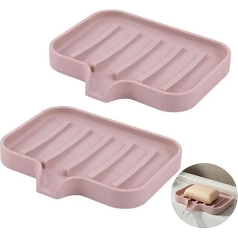 2 Pièces Silicone Porte Savon Salle de Bain avec Évacuation, Rose Antidérapants, Facile à Nettoyer, Support Savon Douche Incliné (1/5)