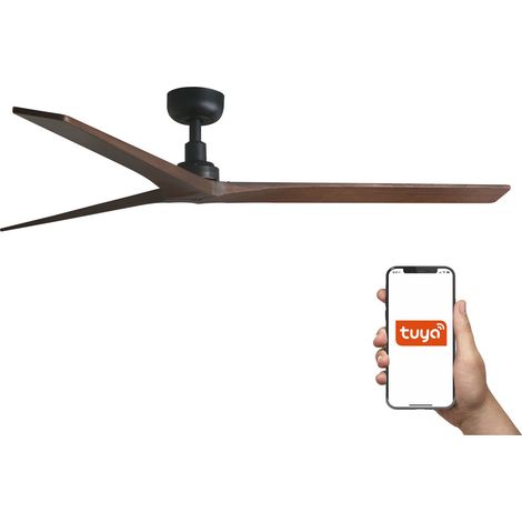 Faro Klim Grand ventilateur de plafond à 3 pales, noir mat, noyer, système intelligent Tuya (1/4)