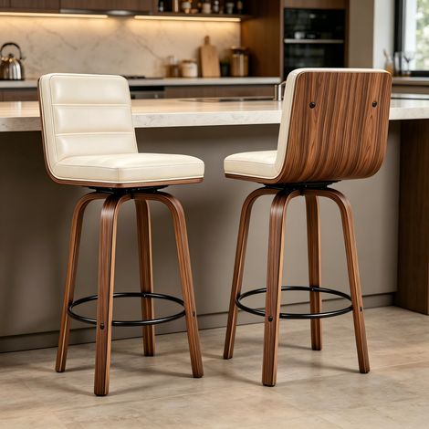 Tabouret de Bar Pivotant 360° en Similicuir PU et Bois de Hêtre avec Dossier Ergonomique et Repose-Pieds pour Cuisine Comptoir (1/5)
