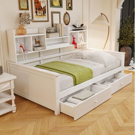 Schlafsofa Holz Weiß 90x200 cm mit 2 Schubladen und seitlichen Regalfächern (1/5)