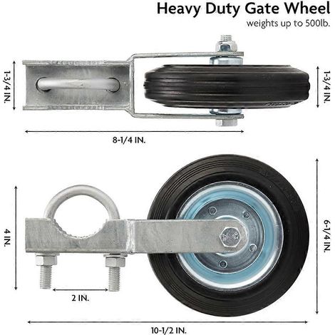 Kit de roues pour supporter les portails tubulaires métalliques battants, adapté aux cadres de 1-5/8" à 2", roues agricoles robustes de 6 pouces, adaptées aux clôtures en grillage. (1/5)