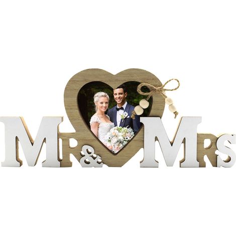 Cadre Photo en Bois avec Lettres Mr & Mrs et Coeurs Rouges - Deco Rustique Élégante pour Mariage et Foyer - 26x11x3cm (1/5)