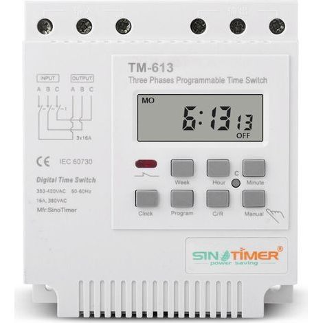 TM-613 Relais Temporisé Programmable 380V / 50-60Hz 16A Relais Hebdomadaire Commutateur de Minuterie de Puissance Interrupteur de Minuterie Triphasé Horloge Numérique Intelligente (1/5)