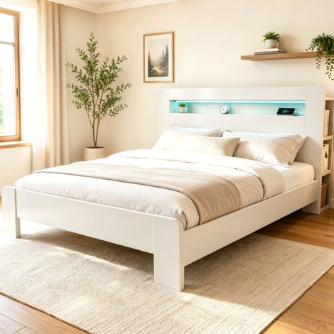 Cama dormitorio con almacenaje LED y enchufes blanca OKMYHOME (1/5)