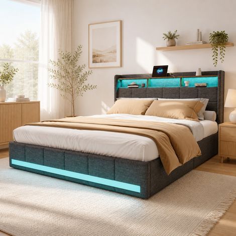 Lit 140x190cm avec 4 tiroirs de rangement, tête de lit tapissée avec étagère, LED et USB, cadre de lit design pour chambre adulte, lin gris (1/5)