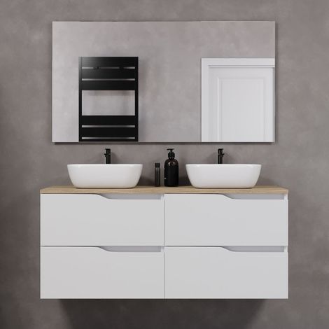 Meuble de salle de bain 120cm avec plateau miel et deux vasques à poser zeus - 4 tiroirs - blanc - LUNA (1/5)