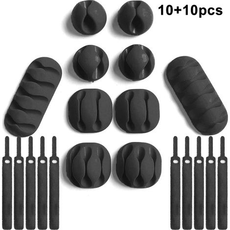 Cable Clamp - Auto-Adhesive Cable Organizer Kit 10 Clamps + 10 Ties - For USB Charging Audio Cables - Black White - 20 Pièces (1/5)