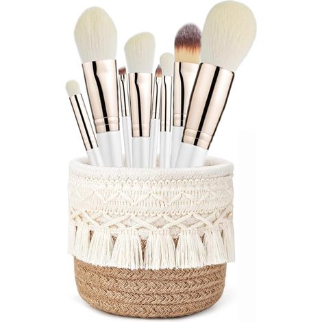 Mini-Bohemian-Korb (10×10 cm) weiß + khaki, für Pinsel, Stifte oder Kugelschreiber – trendige Büro-/Schminktischdekoration.