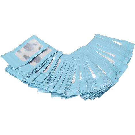Lot de 100 sacs de conservation alimentaire réutilisables à fermeture zip, holographiques et auto-scellants, avec trou de suspension (bleus). (1/5)