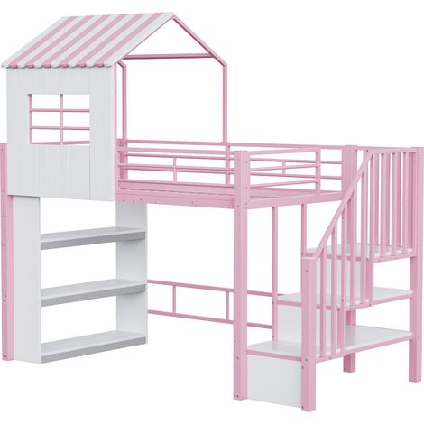 Metall-Hochbett 90x200 cm Rosa mit Leiter und Stauraumregalen (1/5)
