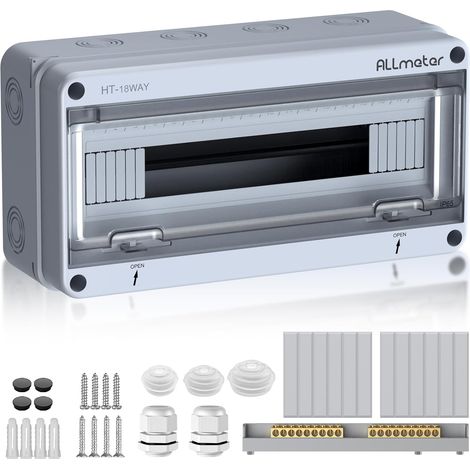 Tableau électrique pour 18 modules, Coffret électrique étanche IP65, Boîte à fusibles en saillie avec bornes et rails intégrés pour intérieur et extérieur (1/5)
