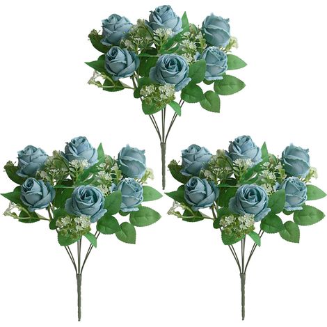 (Bleu, 7 têtes, 33 cm) Bouquet de 3 roses artificielles à 7 têtes pour décoration de mariage, fleurs artificielles pour la photographie, accessoires, fausses fleurs (3 tiges par sachet) (1/2)