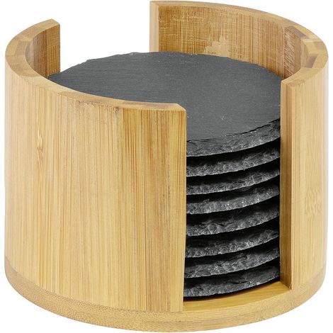 8 Naturschiefer-Untersetzer, rund, 10 cm, in Bambusbox
