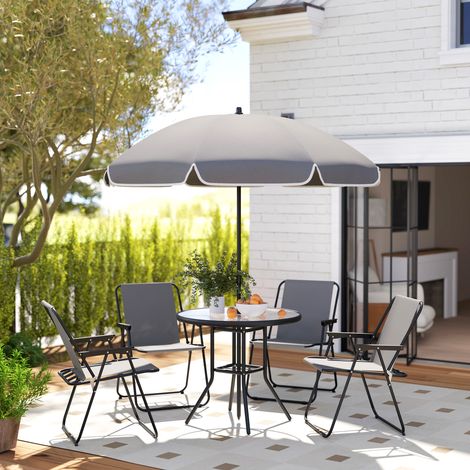 Salon jardin 6 pièces acier table parasol 4 chaises textilène table verre ronde terrasse, gris (1/4)