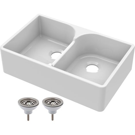 795mm - 2 Bowl Fireclay Butler Kitchen Sink - Stepped Weir & Wastes (1/5)
