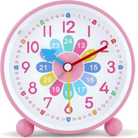 Kinderwecker ohne Ticken，Lernwecker. Geeignet für Kinder mit Nachtlicht und Schlummerfunktion，batteriebetriebener analoger Quarzwecker，rosa (1/5)