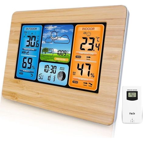Stazione meteorologica wireless, stazione meteorologica digitale con termometro, allarme e umidità, barometro, orologio meteorologico con fase lunare e sensore esterno (giallo) (1/5)