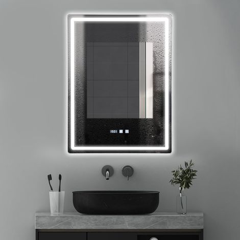 LED Badezimmerspiegel mit Lichtern, 50x70cm, Beleuchteter Spiegel für Badezimmerwand, Dimmbar, Beschlagfrei, DREI Lichtfarben, Vertikale Installation, Silber (1/5)