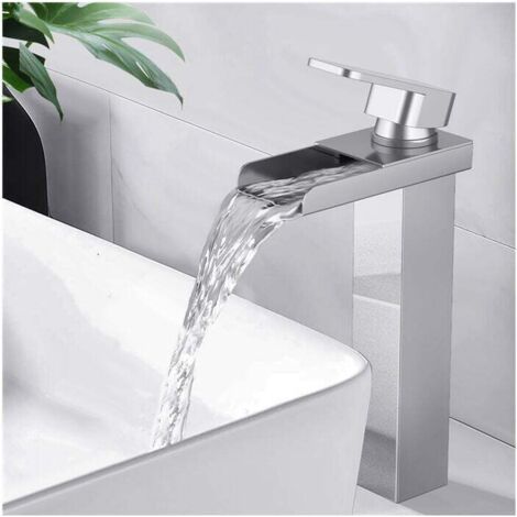 Robinet de salle de bain cascade à bec haut pour lavabos et éviers. Design moderne en argent et cuivre, avec flexible de 60 cm. (1/5)