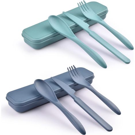 Lot de 2 couverts réutilisables avec étui : fourchette, couteau, cuillère, idéal pour voyage, pique-nique, travail, école ou camping (1/5)