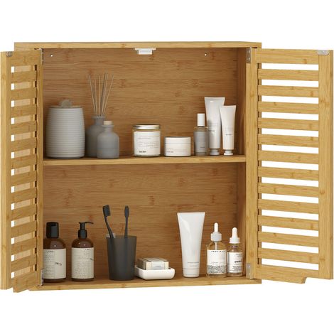 Armoire Murale Salle de Bain en Bambou Meuble Suspendu Rangement WC Lavabo avec Étagère Réglable 60x20x60 cm (1/5)