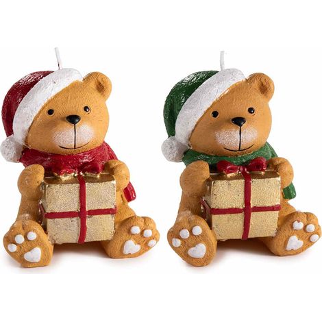 Candele di Natale ad orsetto natalizio colorato con cappello di Babbo Natale e pacchetto regalo dorato, set da 6 pezzi, cm 9 x 8,5 x 10,5 H