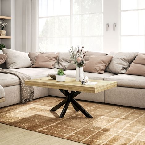 Rechteckiger Couchtisch/Beistelltisch im Industriestil, aus schwarzem Metall mit einer Tischplatte in Holzoptik – Maße: 110 x 60 x 45 cm