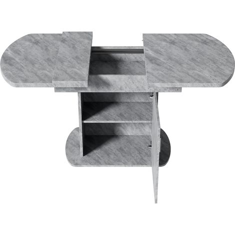 Table à manger ovale extensible avec rangement, 110/130 x 70 x 75 cm, finition béton et poignées argentées (1/5)