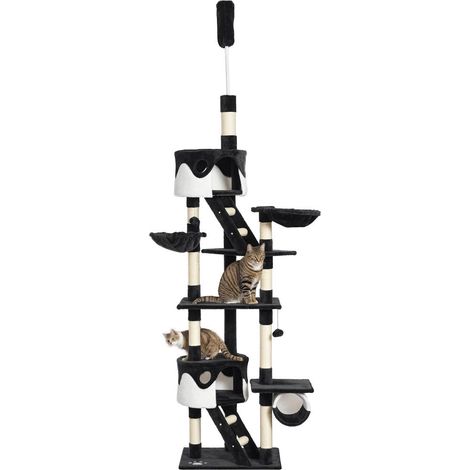 240-260 cm Arbre à Chat Réglable au Plafond Multi-Niveaux Griffoir Sisal Niches et Hamac pour Plusieurs Chats Gris Blanc (1/5)