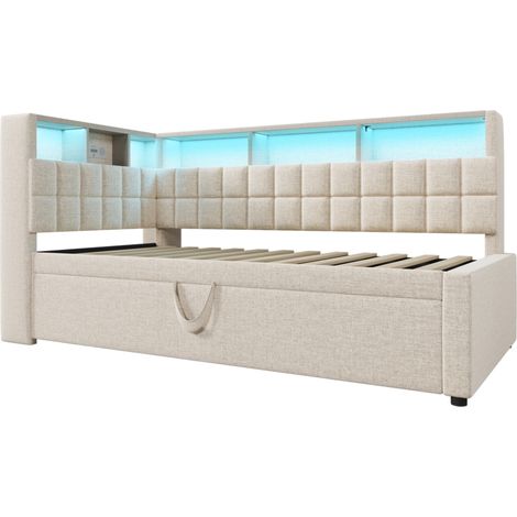 Polsterbett 90x200 mit Ausziehbett 90x190, LED, Bluetooth, USB-C, Beige (1/5)