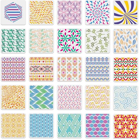 25 Pochoir, 15x15 cm, Motifs géométriques fleurs vagues, Plastique réutilisable, Décoration murale tissu bois scrapbooking (1/5)
