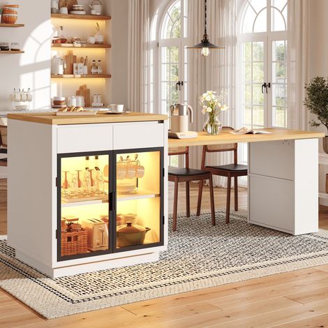 Îlot de cuisine extensible 122-194,5x70x94 cm pour 2 à 6 personnes avec 2 tiroirs, vitrines, étagère snack, desserte, éclairage LED - Blanc (1/5)