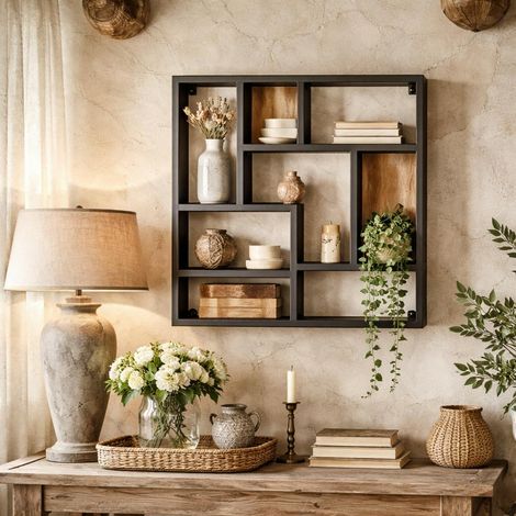 Etagère murale design carré bois clair métal noir RIVANO (1/4)