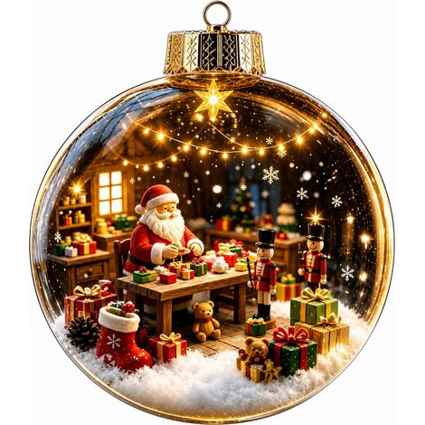 Boule à neige lumineuse en acrylique transparent, ornement de Noël 3D à suspendre au sapin, représentant le Père Noël et son traîneau de rennes. (1/5)