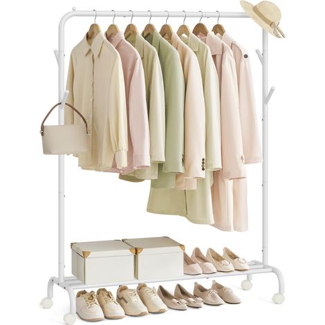 Portant à Vêtements avec Roulettes, 1 Barre, Porte-manteau, en Acier, Charge 50 kg, Largeur de 103,5 cm, Rangement Polyvalent, Blanc HSR131W01 (1/5)