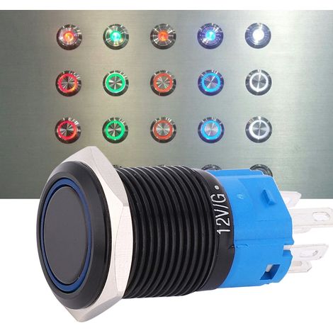 Selbstverriegelnder Drucktaster 12V DC, 16mm, 5-polig, wasserdicht IP65, mit Licht (blau) (1/5)