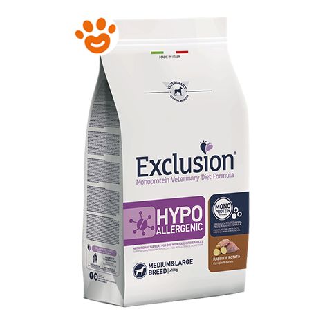 Exclusion Dog Hypoallergenic Adult Medium Large Breed Coniglio e Patate - Sacco 12 Kg - Cibo Secco Cani