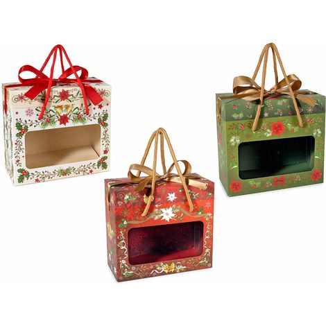 Scatole di Natale in carta con finestra trasparente, manici, fiocco rosso e dettagli dorati, set da 12 pezzi, cm 18,5 x 8,5 x 16 H