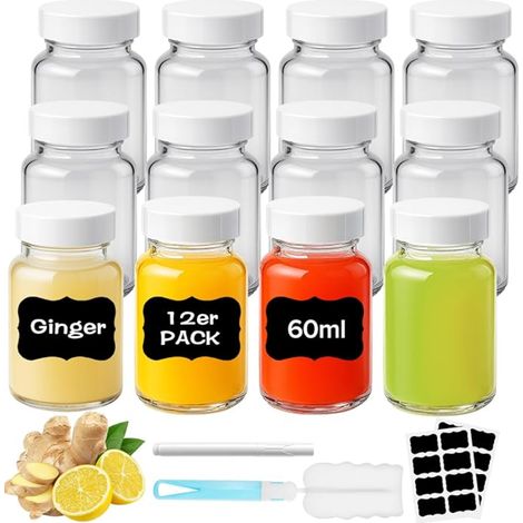Small Juice Shot Bottles 60 ml / 2 oz Mini Portable Glass for Fruit Ginger Yogurt and Whiskey with Airtight Cap Labels (1/5)