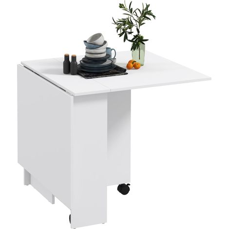 Table pliante gain de place avec 2 plateaux rabattables pour 6 personnes, avec étagères et roulettes, blanche