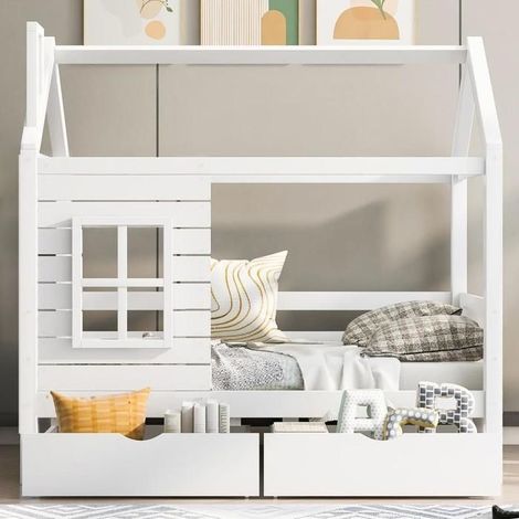 Lit cabane enfant - KOMHTOM - 80x160 - Bois pin massif - 2 tiroirs - Sommier à lattes inclus (1/5)