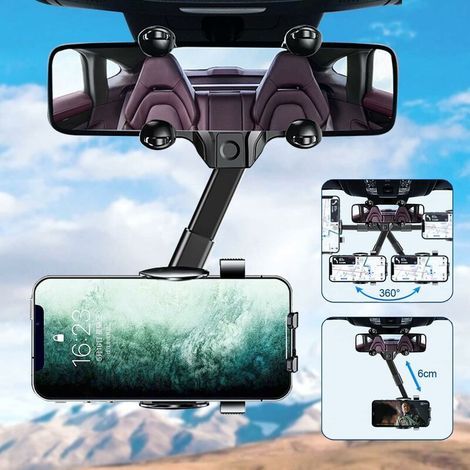 Soporte universal para teléfono de coche, montaje en espejo retrovisor con rotación de 360° y sujeción neumática. (1/5)