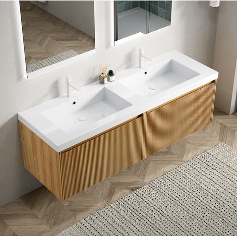 Meuble vasque suspendu 140 cm avec 2 lavabos rectangulaires en résine, 2 tiroirs, bois naturel (1/5)
