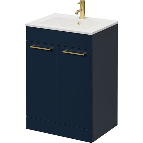 Napoli 460 Deep Blue 600mm 2 Door Vanity Unit with Angel Basin - 600mm - Brushed Brass 160mm Handle