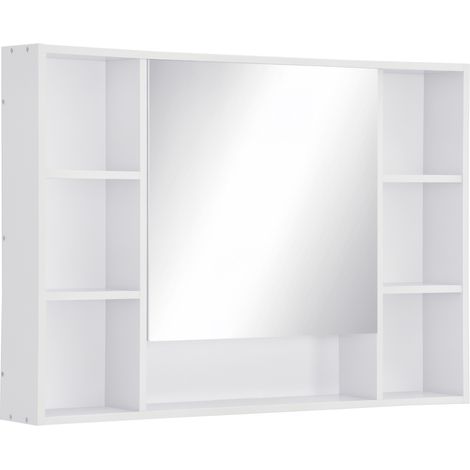Badezimmer-Wandschrank mit Spiegel, Badezimmermöbel, 7 offene Regalböden und Schrankfach, 100 x 15 x 70 cm, weiß